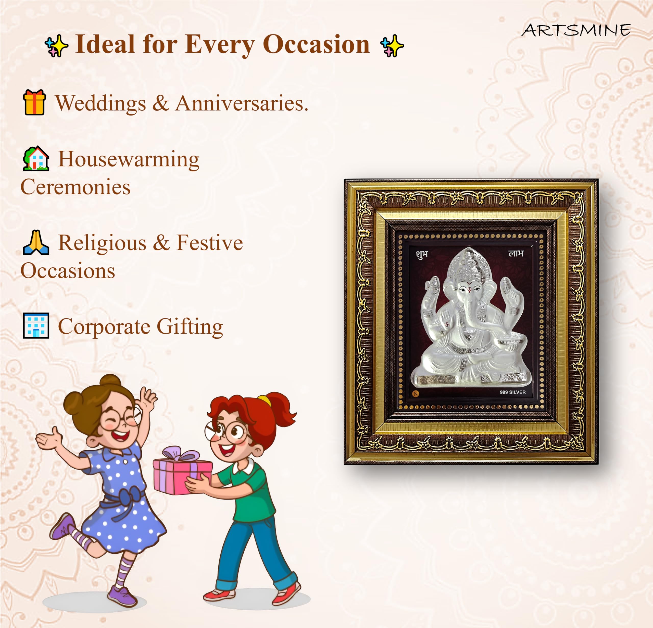 Artsmine 999 Silver Ganesh Rectangular Frame | Pooja Room Diwali Corporate Gift | Size H*L - 22 * 20 Cm | Wall Mount Ganesh Phot
